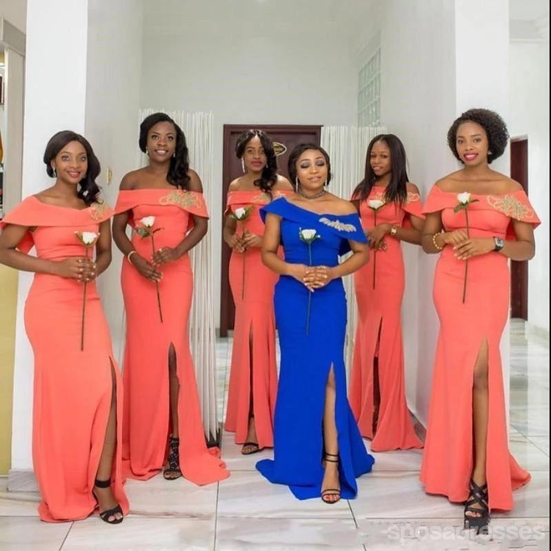 Orange Mermaid Off Shoulder Side Slit Cheap Long Bridesmaid Dresses Online,WG1174