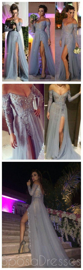 Vestidos De Baile Longos, Vestidos De Baile Cinzentos, Vestidos De Baile De Renda, Vestidos De Baile Fora Do Ombro Com Decote Em V, Vestidos De Baile Sexy Com Fenda Lateral, Vestidos De Noite, PD0021