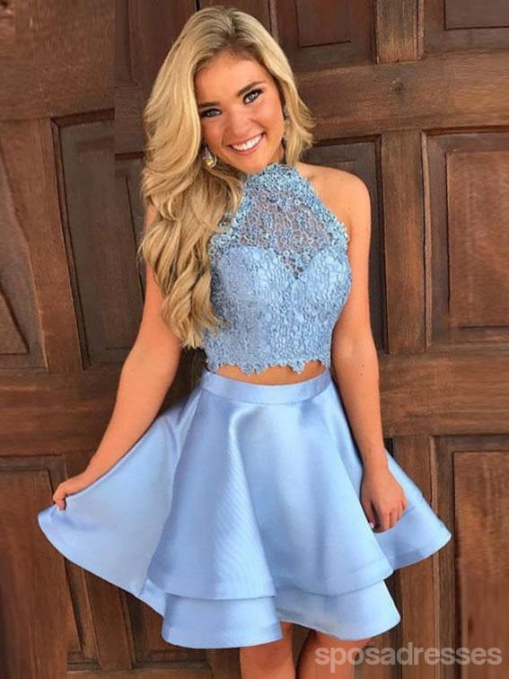 Δύο κομμάτια Blue Lace Halter Φτηνά Homecoming Φορέματα 2018, CM410