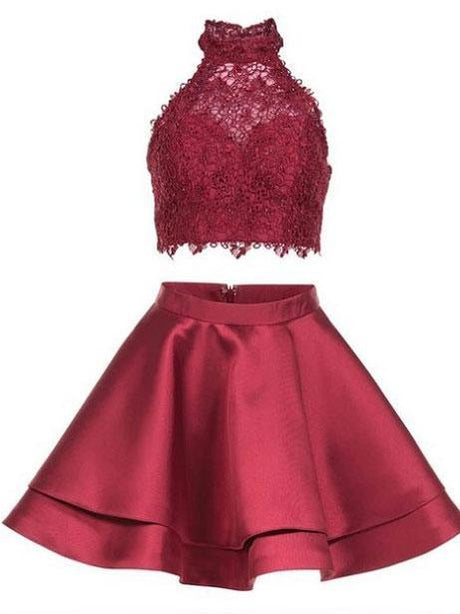 Δύο κομμάτια Blue Lace Halter Φτηνά Homecoming Φορέματα 2018, CM410