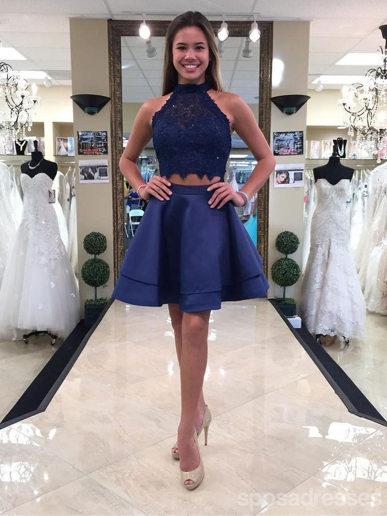 Δύο κομμάτια Blue Lace Halter Φτηνά Homecoming Φορέματα 2018, CM410