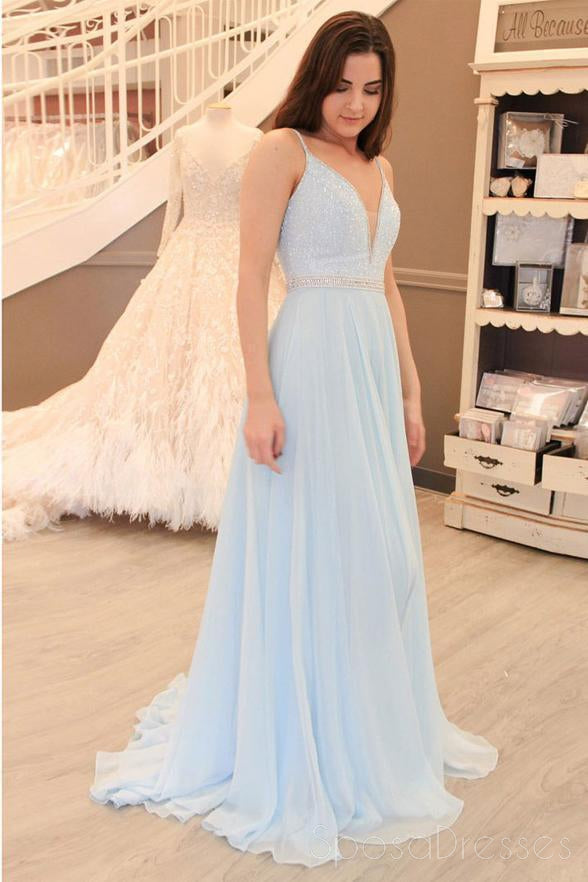 Pale Blue Sexy Backless V Neck Spaghetti Straps Long Evening Prom Dresses, 17650