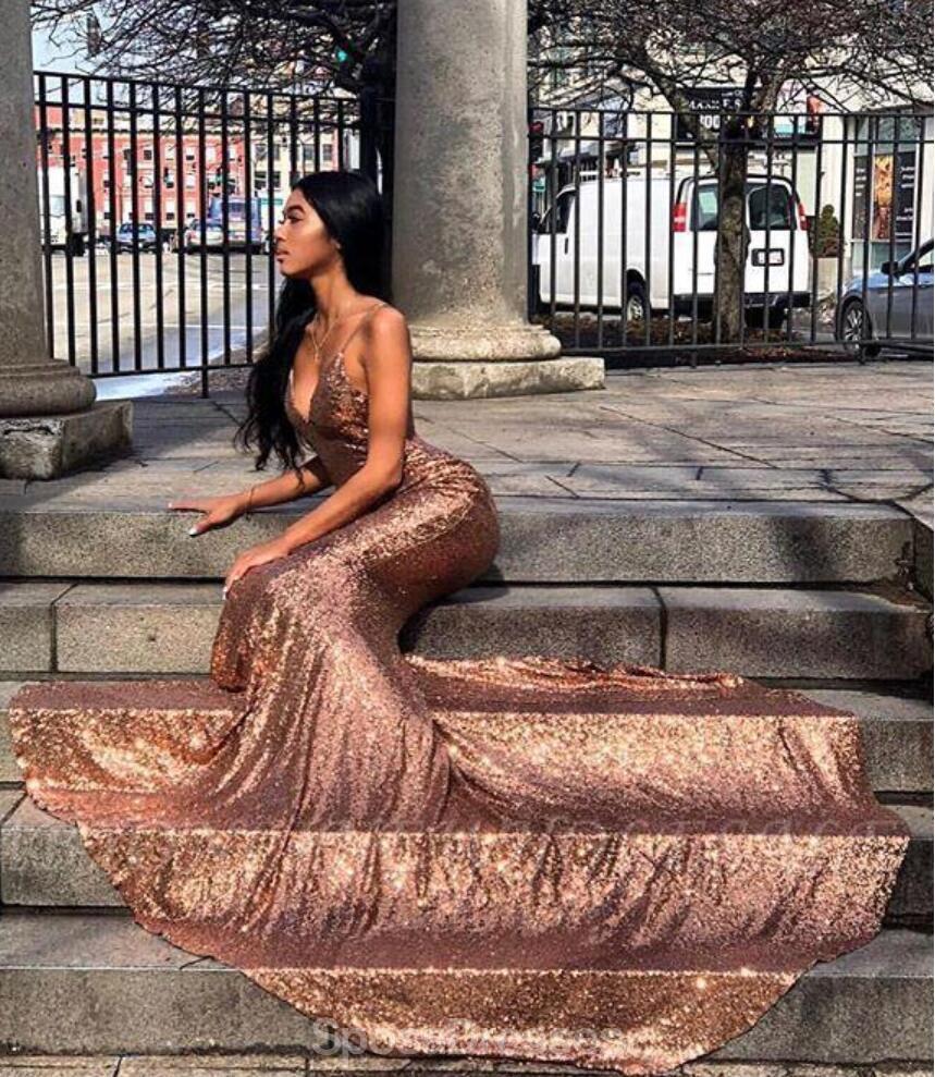 Σπαγγέτι λουράκια Rose Gold Mermaid Evening Prom Dresses, Evening Party Prom Dresses, 12212