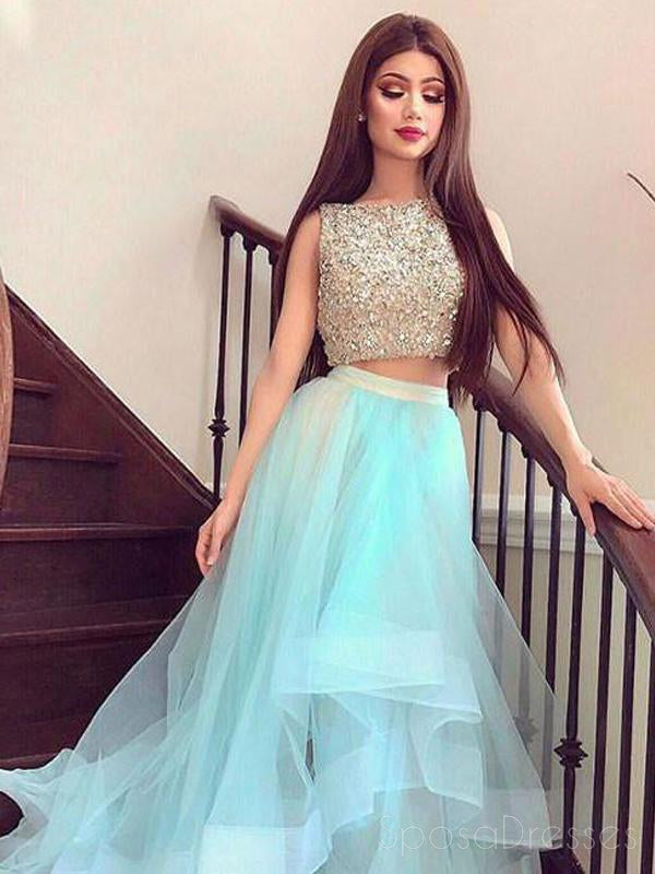 Δύο Κομμάτια Διακοσμημένα Με Χάντρες Tiffany Μπλε Φορέματα Βραδινού Χορού Συνήθειας Φουστών Υψηλά Χαμηλά, 17436
