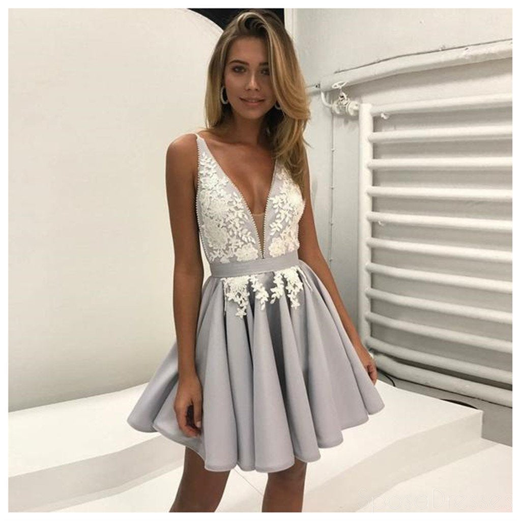 Gray V Neckline Lake Short Homecoming Prom Dresses, Cheap Party Prom Sweet 16 Dresses, CM374