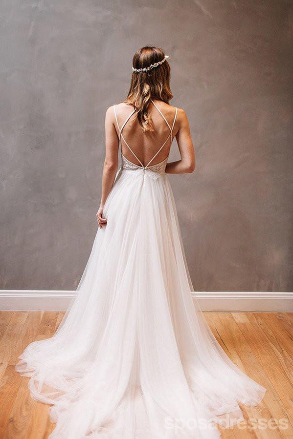 Απλά μακριά Backless γαμήλια φορέματα Α-γραμμών, Φορέματα δεξίωσης γάμου τούλι, WD0013