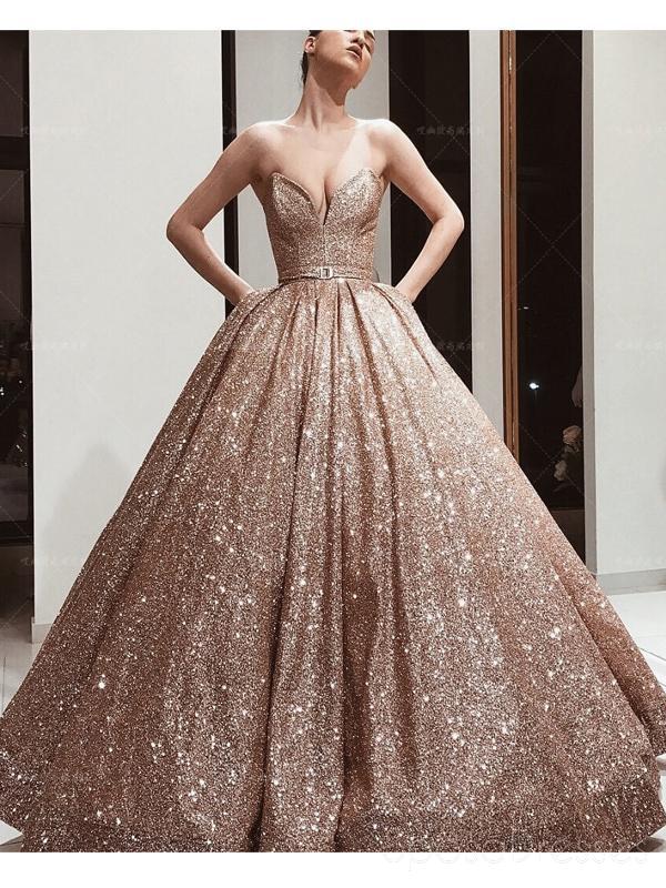 Gold Sequin Ball Gown Sparkly Long Evening Prom Φορέματα, Βραδινά Πάρτι Στρώματα, 18619
