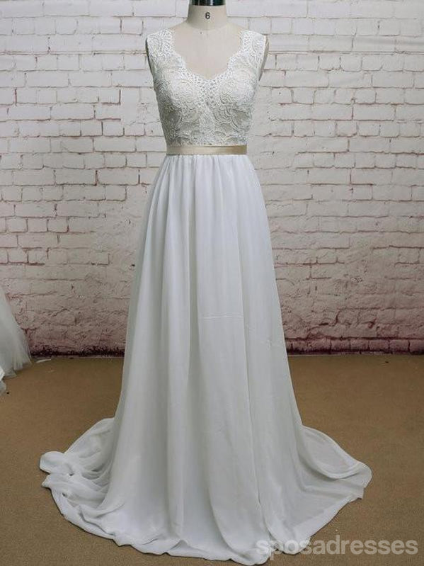 Backless V Λαιμό Καπάκι Μανίκι Δαντέλα Απλό Φτηνό Παραλία Γάμο Φορέματα, WD323