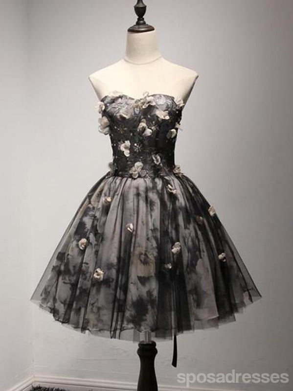 V decote vestidos de baile para os estudantes de regresso para casa de cadarço pretos curtos, pouco vestido posterior, CM205