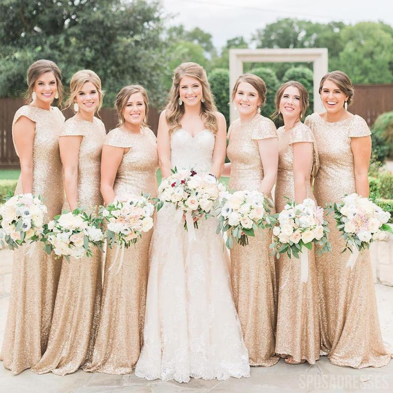 Simple Sheath Cap Sleeves Gold Sequin Long Bridesmaid Dresses Online, WG889