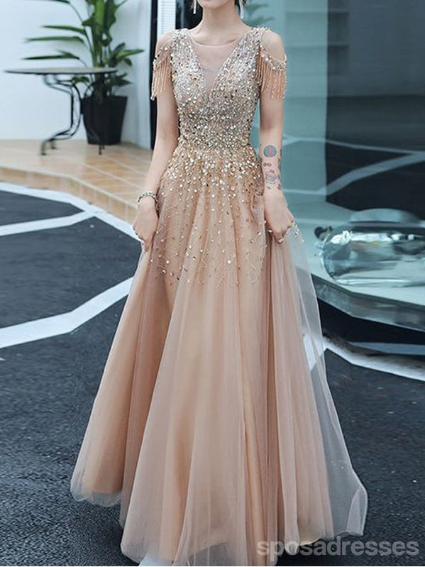 Querida pescoço ouro lantejoulas uma linha barato longo Evening Prom Dresses, Evening Party Prom Dresses, 12350