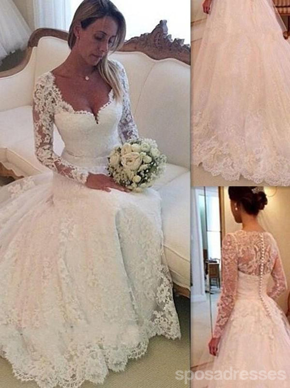 Popular Long Sleeves Lace A-line Cheap Wedding Dresses Online, WD400