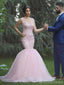 Pale Pink Cap Sleeve Lace Beaded Mermaid Wedding Dresses Online, WD427