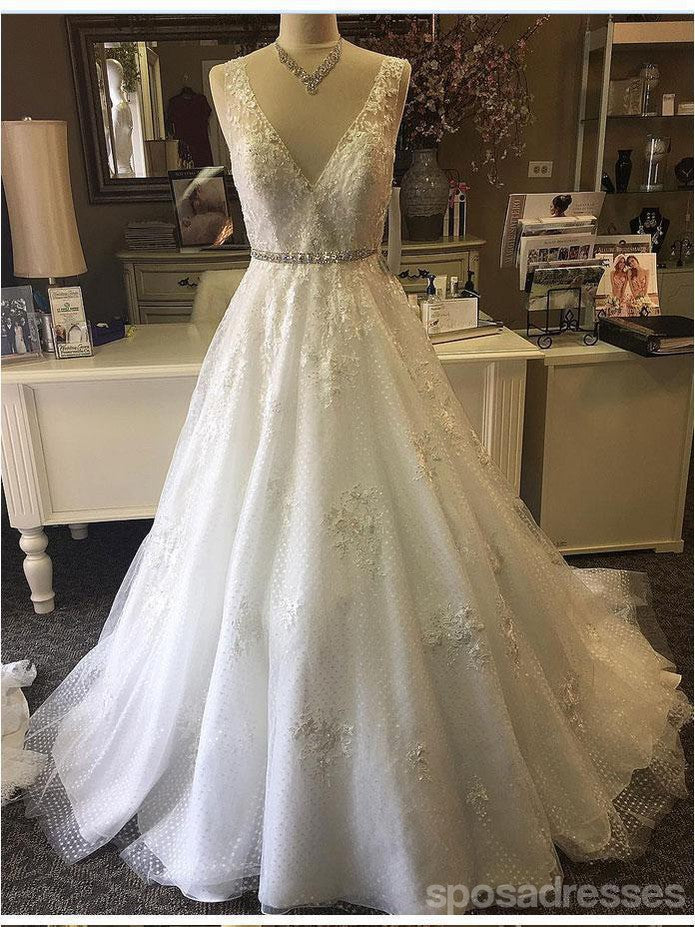 Lace Beaded V Neck A line Cheap Wedding Dresses Online, Cheap Lace Bridal Dresses, WD457