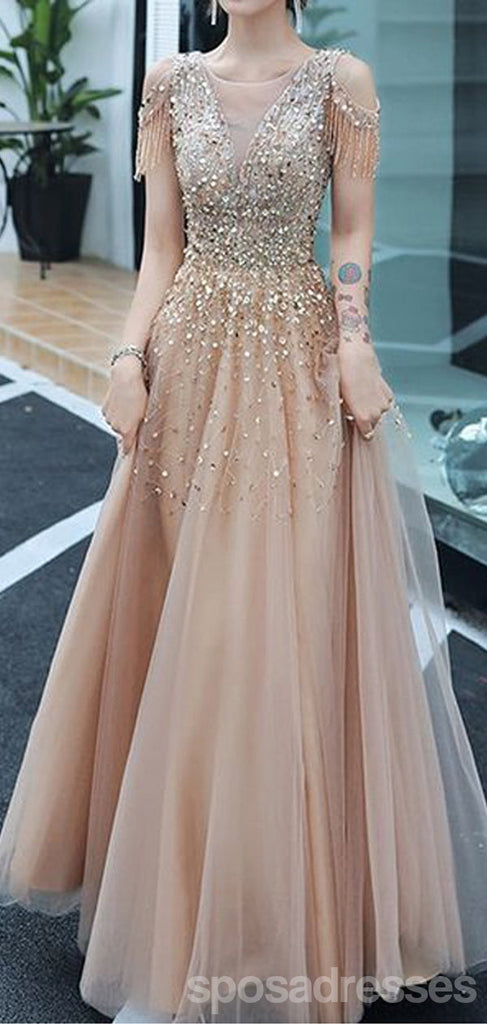 Querida pescoço ouro lantejoulas uma linha barato longo Evening Prom Dresses, Evening Party Prom Dresses, 12350