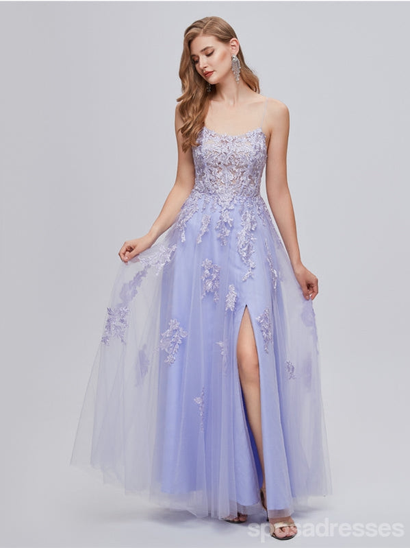 Purple A-line Spaghetti Straps Side Slit Cheap Long Prom Dresses,12987