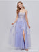 Purple A-line Spaghetti Straps Side Slit Cheap Long Prom Dresses,12987