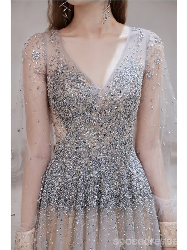See Through A-line Long Sleeves V-neck Backless Prom Dresses Online,12760