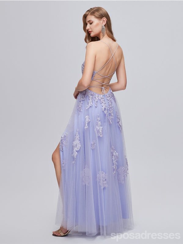 Purple A-line Spaghetti Straps Side Slit Cheap Long Prom Dresses,12987