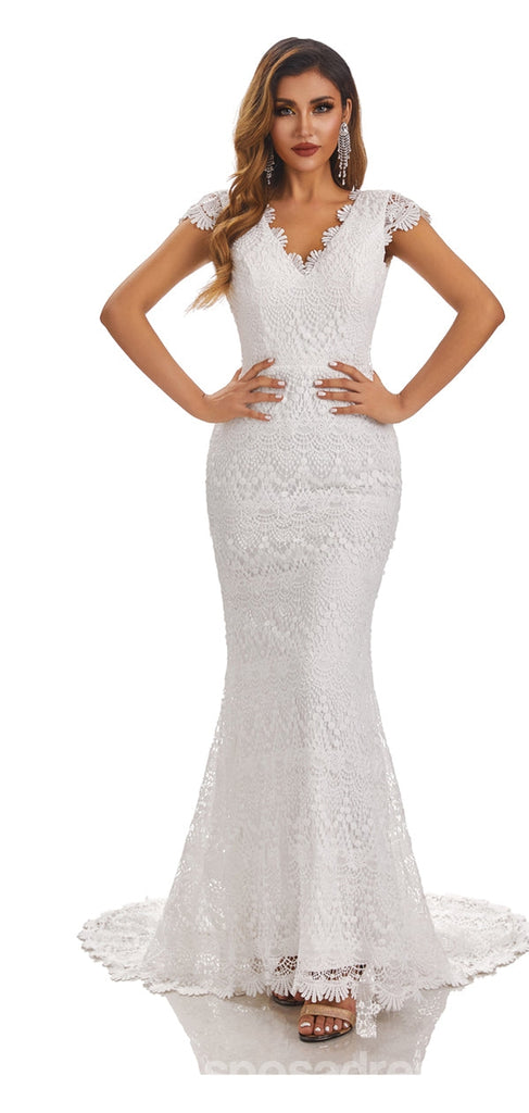 Ivory Mermaid V-neck Backless Handmade Lace Wedding Dresses,WD804