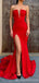 Red Mermaid Sweetheart V-neck High Slit Cheap Long Prom Dresses,12855