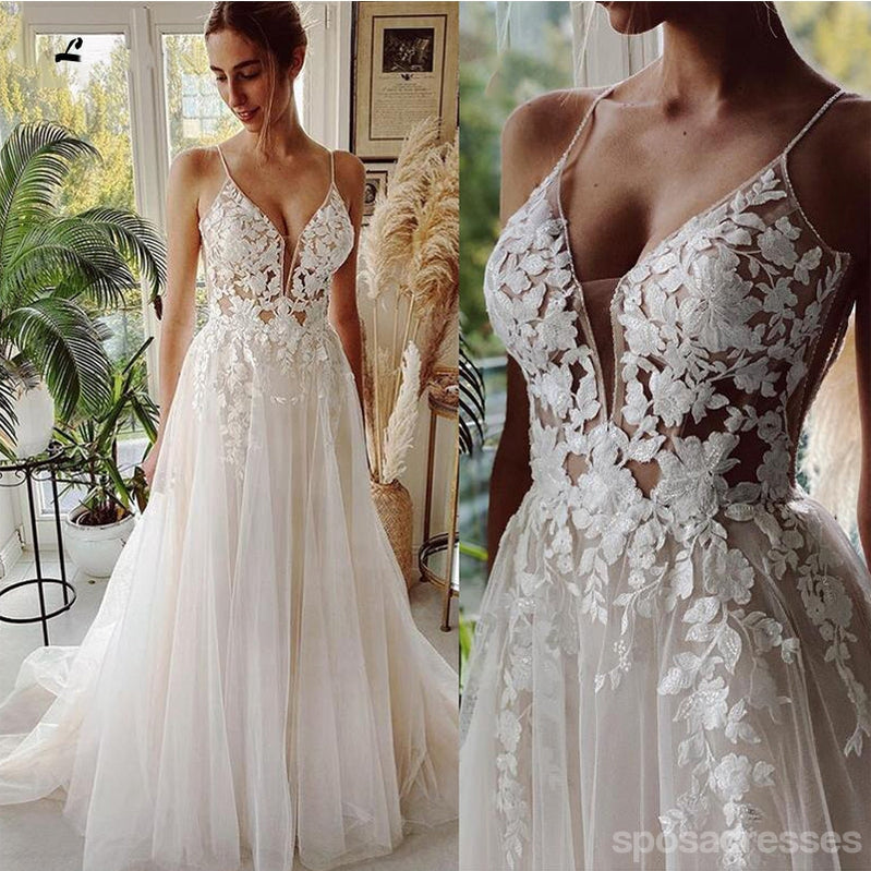 Ivory A-line Spaghetti Straps V-neck Handmade Lace Wedding Dresses,WD787