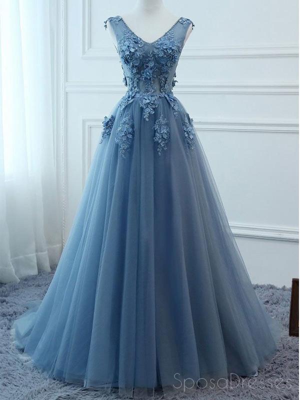 V Neck Dusty Blue Lace Beaded Long Evening Prom Dresses, Φτηνές Custom Φορέματα Prom Party, 18585
