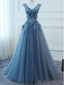 V Neck Dusty Blue Lace Beaded Long Evening Prom Dresses, Φτηνές Custom Φορέματα Prom Party, 18585