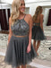 Sexy Two Pieces Γκρι Backless Rhinestone Κοντά Homecoming Φορέματα Online, CM605