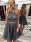 Sexy Two Pieces Γκρι Backless Rhinestone Κοντά Homecoming Φορέματα Online, CM605