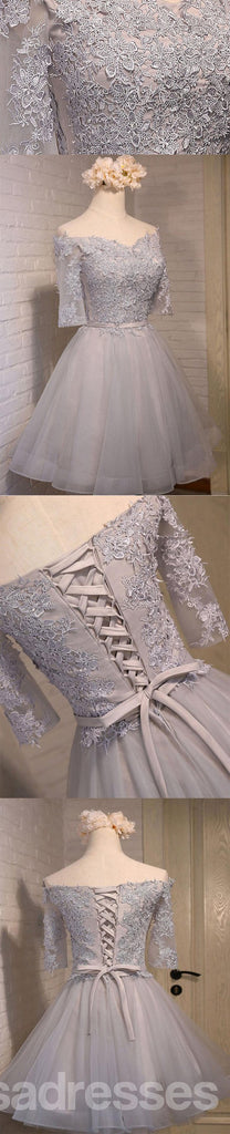 Off Shoulder Short Sleeve Gary Lace Homecoming Prom Dresses, Affordable Short Party Prom Dresses, Perfect Homecoming Dresses, CM269