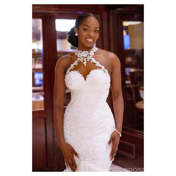 Halter Sexy See Through Lace Mermaid Wedding Dresses, Mermaid Wedding Gown, WD697