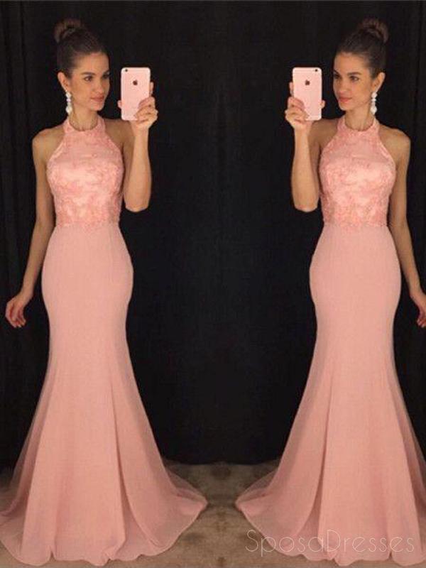Halter Blush Pink Mermaid Evening Prom Dresses, 2018 Long Party Robes de bal, 17063
