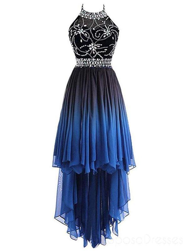 Halter Beaded Υψηλή Χαμηλή Σιφόν Ombre Φθηνά Μακρά Βραδινά Φορέματα, Sweet16 Φορέματα, 18406