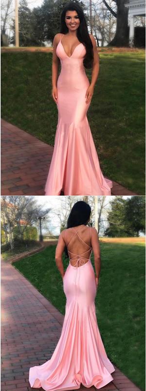 Pink Mermaid Spaghetti Straps V-neck Backless Long Prom Dresses Online,12604