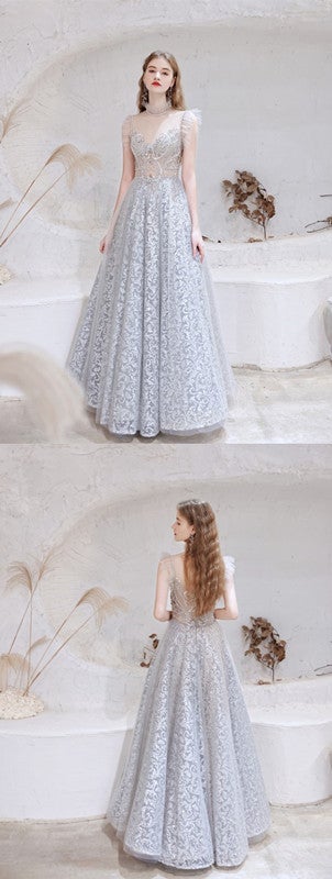 See Through Grey A-line Illusion Spaghetti Straps Long Prom Dresses Online,12755