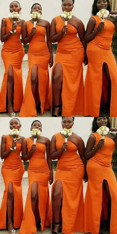 Orange Mermaid One Shoulder Side Slit Long Bridesmaid Dresses,WG1214
