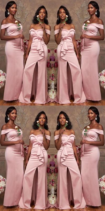 Pink Mermaid Off Shoulder Side Slit Cheap Long Bridesmaid Dresses Online,WG1170