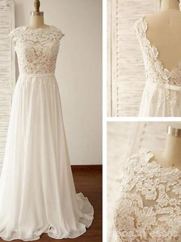 Sexy Backless See Thourgh Lace Cap Sleeve Beach Γαμήλια νυφικά φορέματα, WD283