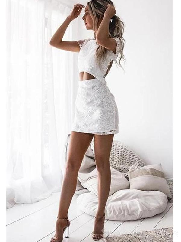 Κοντά Μανίκια Από Λευκό Lace Short Homecoming Φορέματα Σε Απευθείας Σύνδεση, Φθηνά Σύντομες Φορέματα Prom, CM841