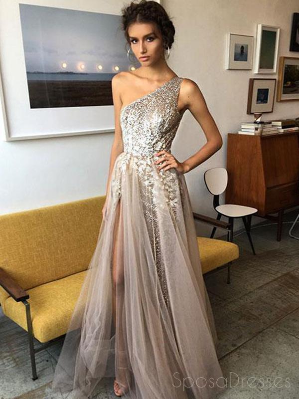 One Shoulder Sexy Side Slit Heavily Beaded Sparkly Long Evening Prom Dresses, 17270