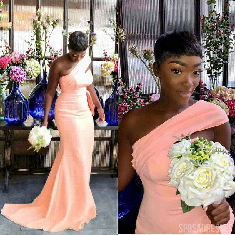 Unique Mermaid Peach One Shoulder Sweetheart Long bridesmaid Dresses, WG953