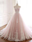 Robe de bal longue en dentelle rose pâle perlée A-ligne, Robe de soirée, 12209