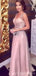 Pink A-line Straps V-neck Cheap Long Prom Dresses, Evening Party Dresses,12918