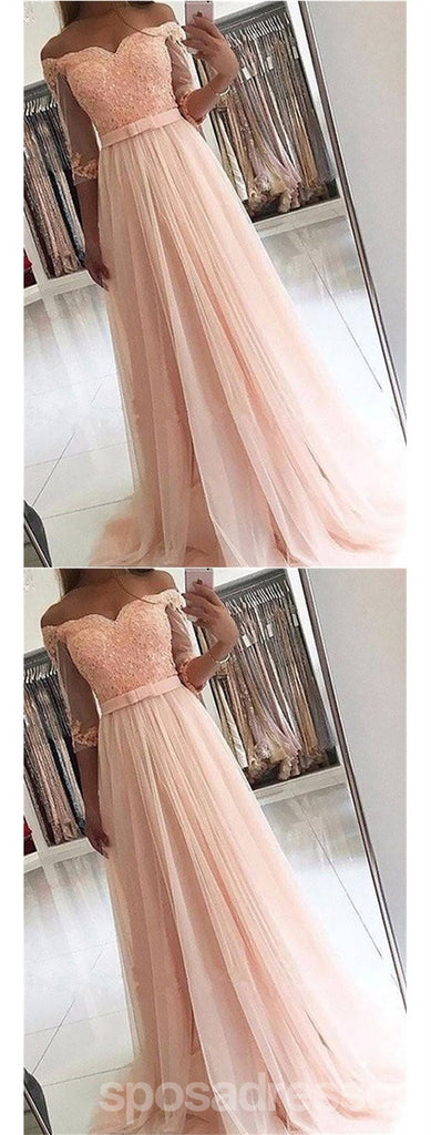 Pink A-line Off Shoulder 3/4 Sleeves Cheap Prom Dresses Online, Evening Dresses,12657