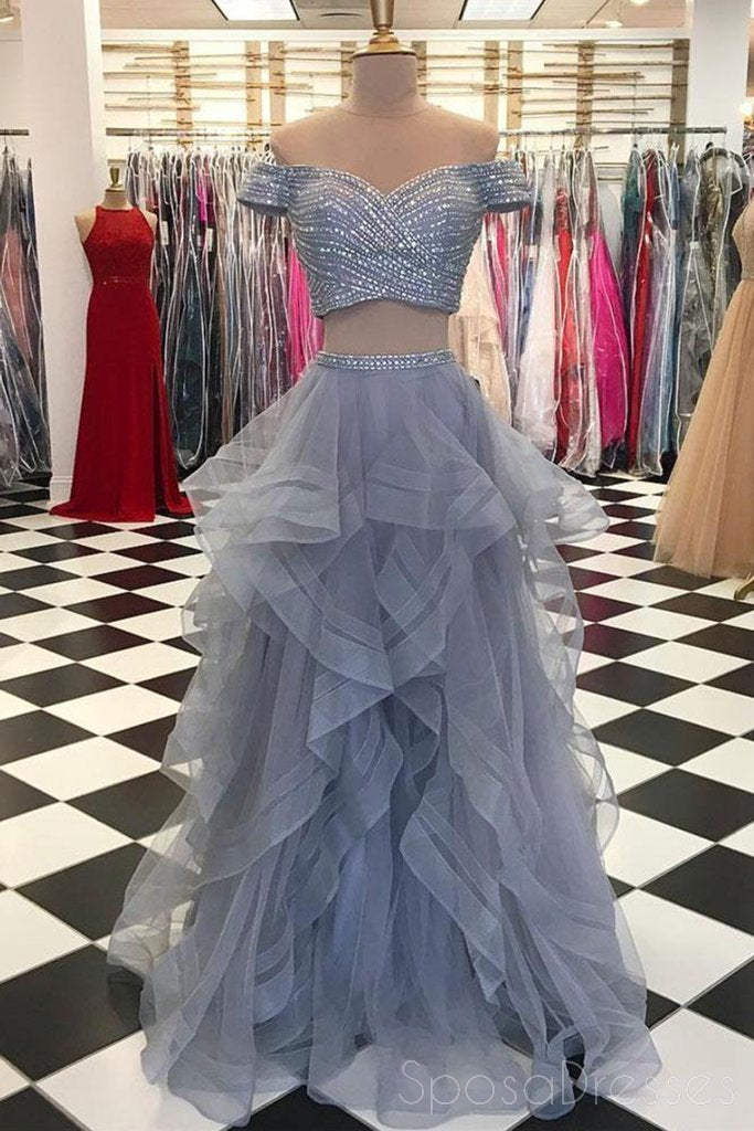 Two Pieces Off Shoulder Grey Beaded Custom Long Evening Prom Dresses, 17712