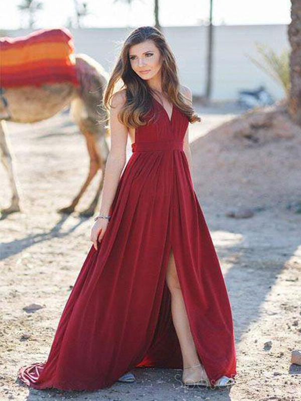 2018 Popular Vermelho de Pescoço de V Fenda Personalizado Longa Noite Vestidos de Baile, 17715