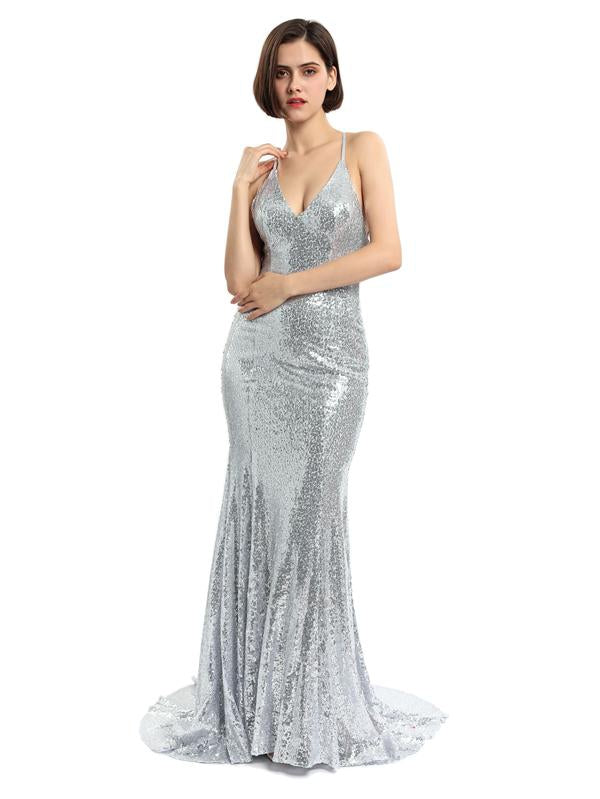Spaghetti Straps Silver Mermaid Long Evening Prom Dresses, Evening Party Prom Dresses, 12214