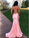 Pink Mermaid Spaghetti Straps V-neck Backless Long Prom Dresses Online,12604