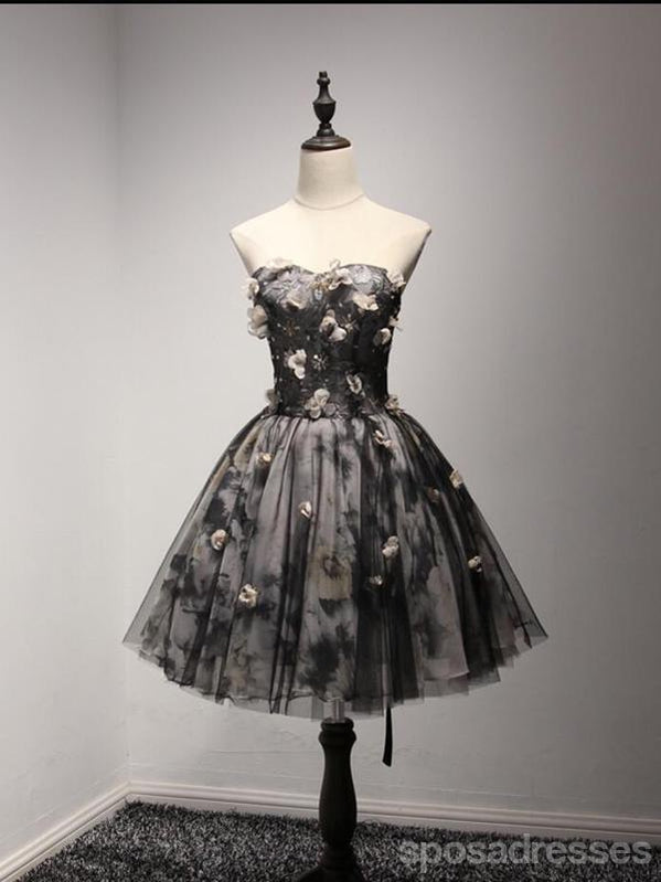 V decote vestidos de baile para os estudantes de regresso para casa de cadarço pretos curtos, pouco vestido posterior, CM205